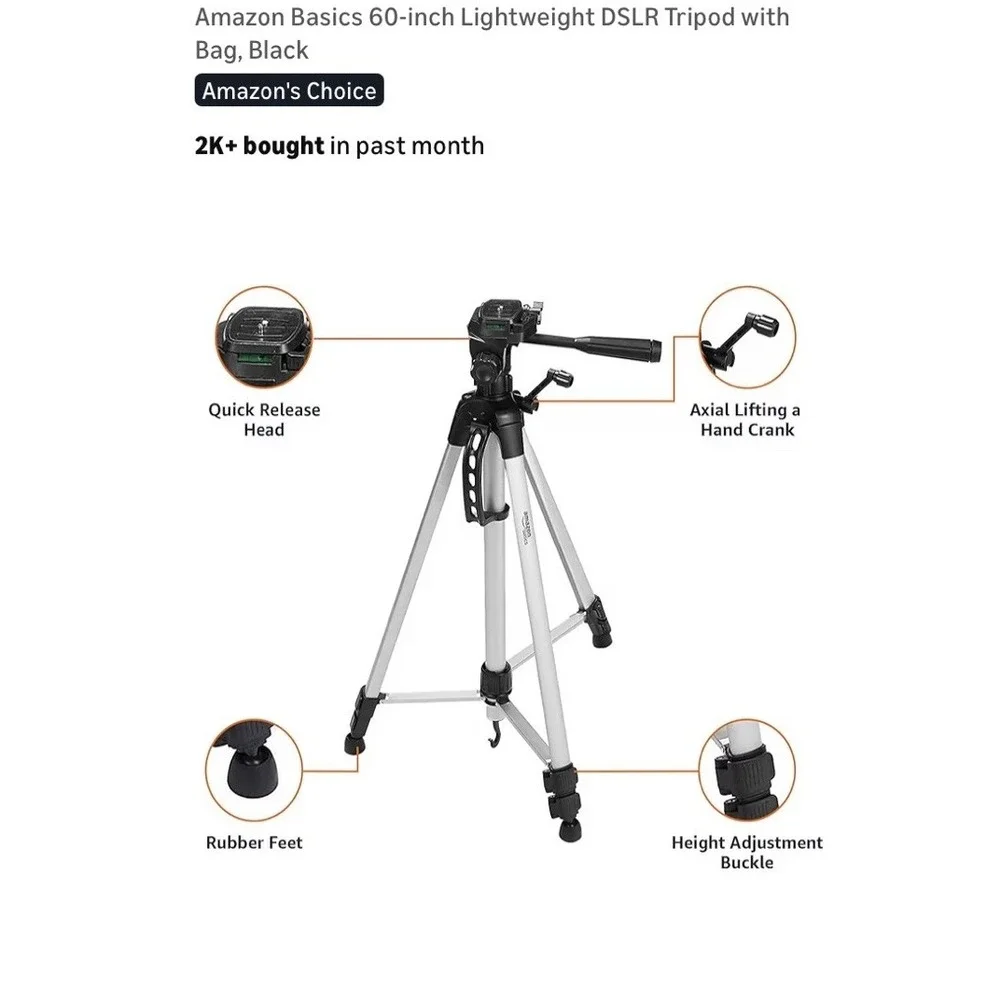 Amazon Basics 60-Inch DSLR Lightweight Tripod For Camera, Phone With‎ Bag, Black